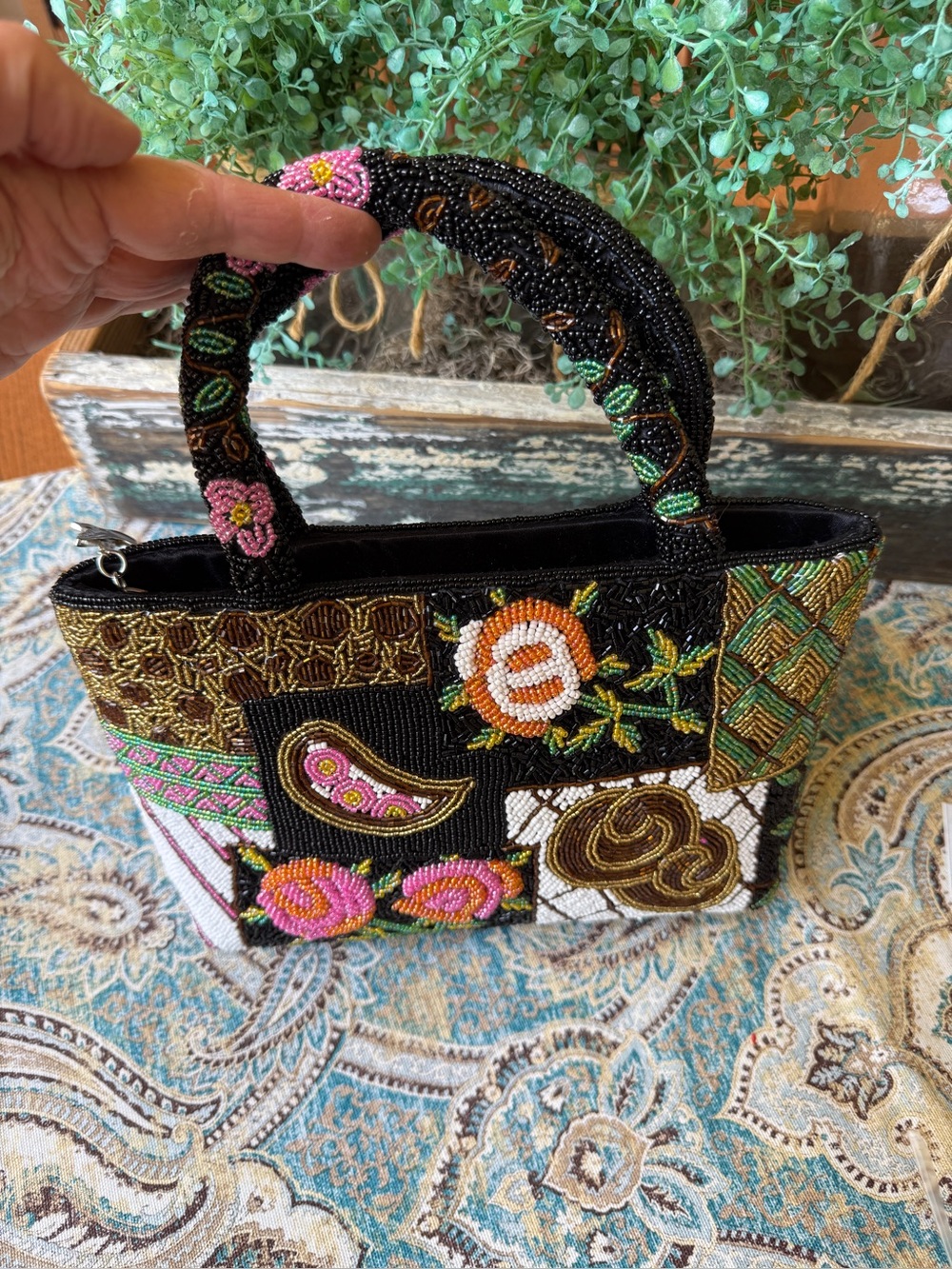 Glass Beaded Top Handle Handbag Floral Paisley Purse Vintage 1980s - Picture 3 of 11